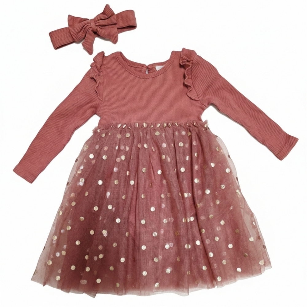 New Madison Layne Baby Girl Tulle Dress & Headband Set - Mauve/Gold - 24M